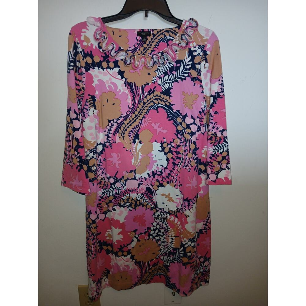 Talbots Ruffled Neckline Spring Dress Lp Large Petite Pink Leafy Print Stretch
